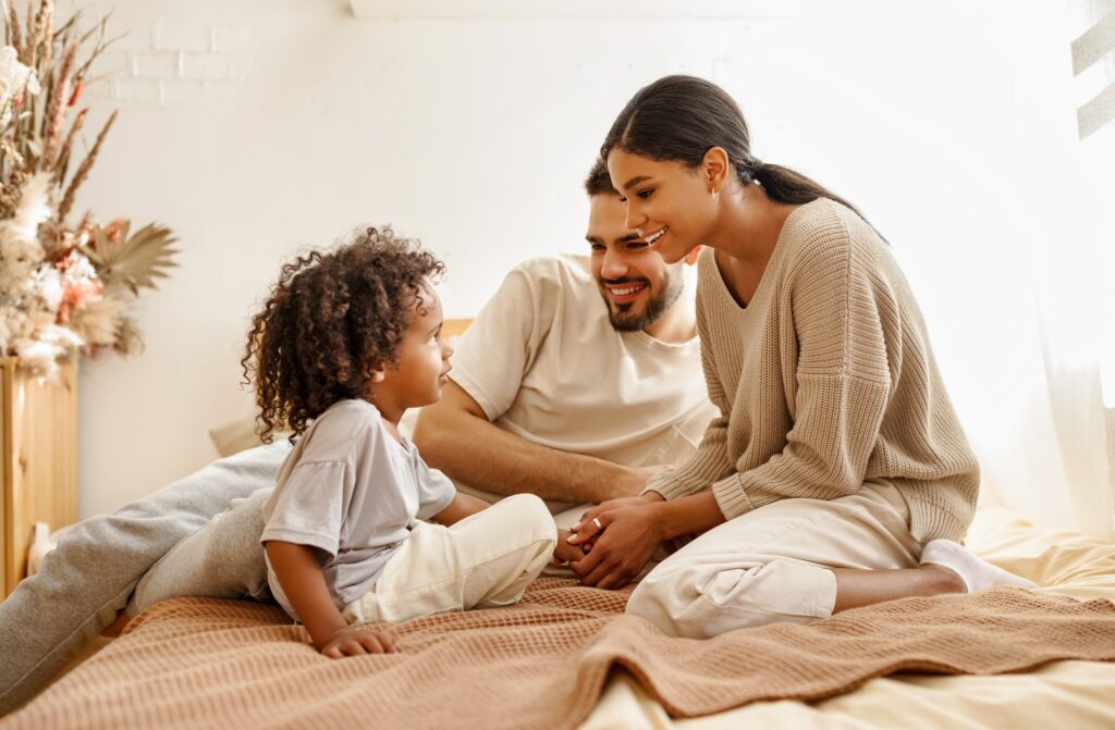 Show a happy family talking